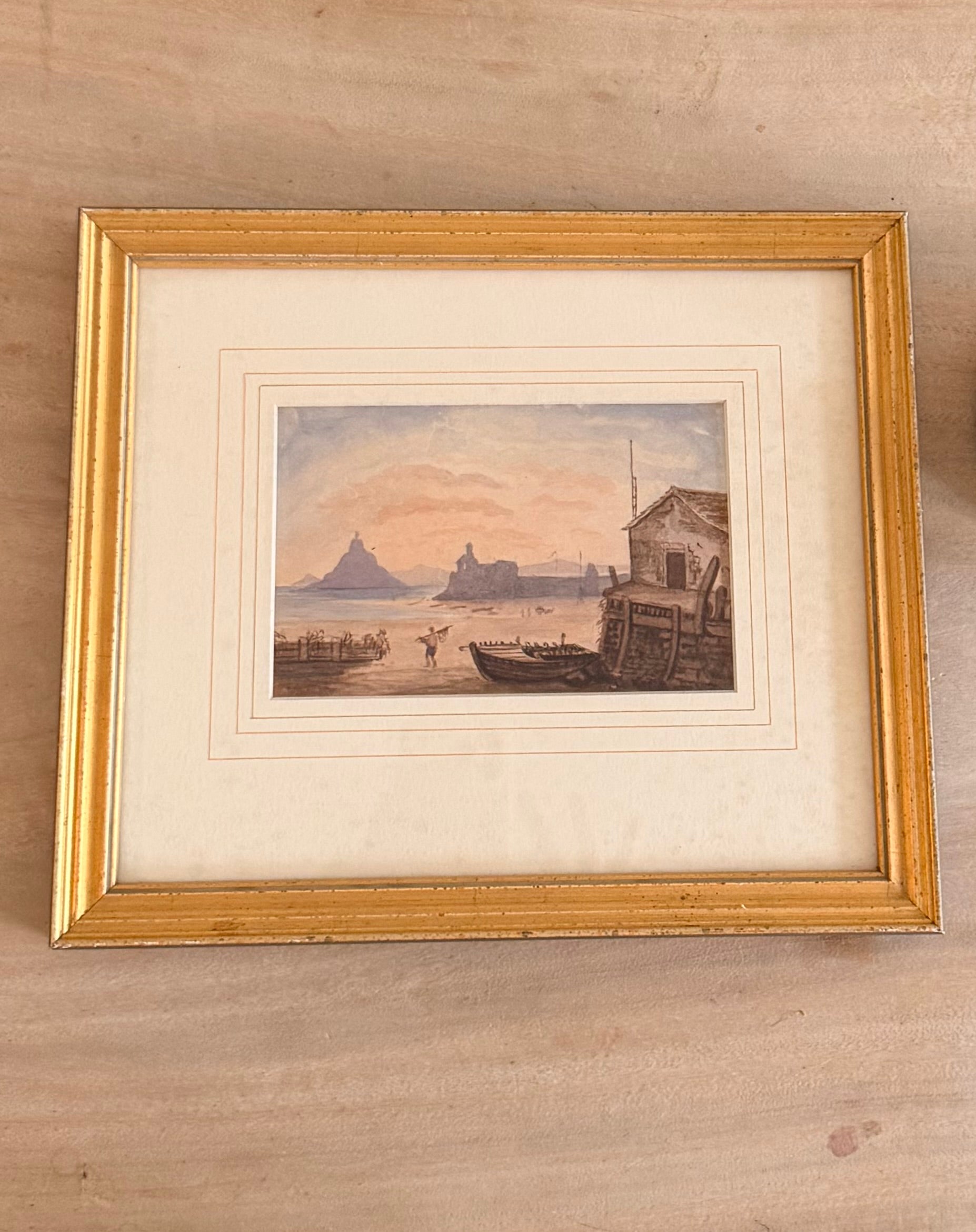 English Harbor Scene Watercolor of St. Michael’s Mount