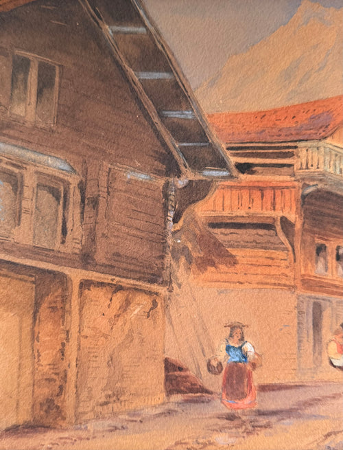Antique European Alpine Village Watercolor in Gilt Frame