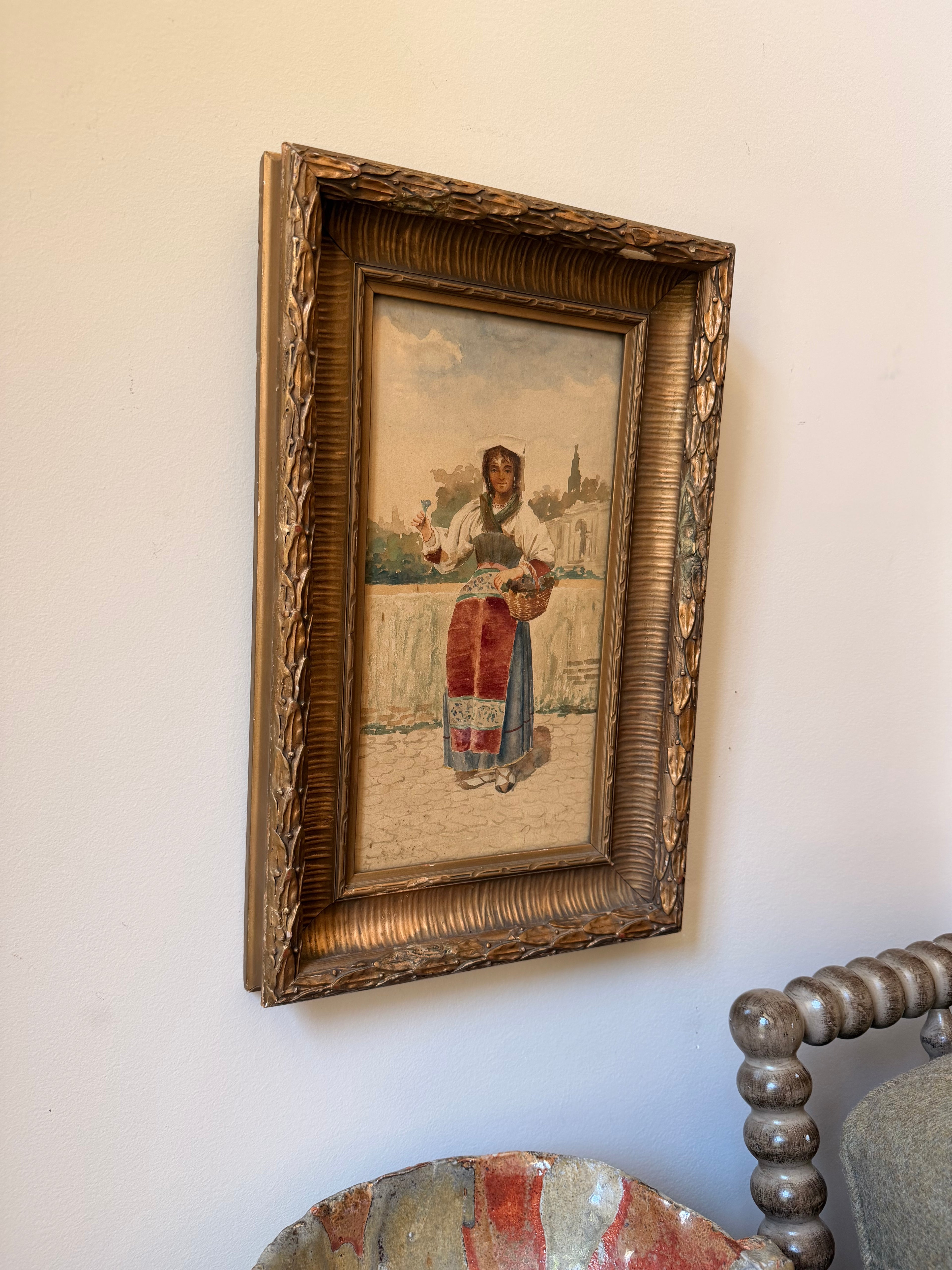 Italian Genre Scene Watercolor in Period Gilt Frame