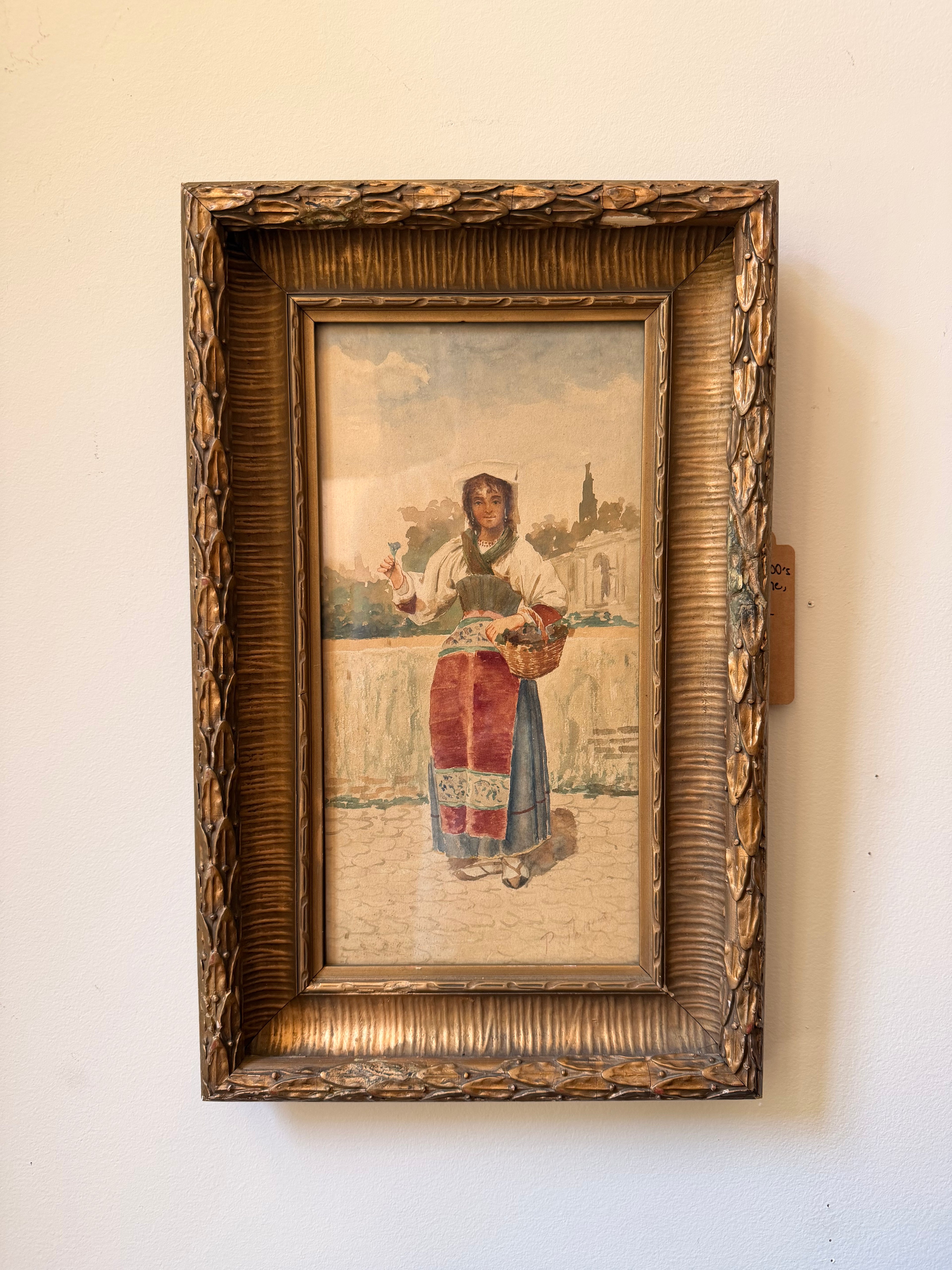Italian Genre Scene Watercolor in Period Gilt Frame