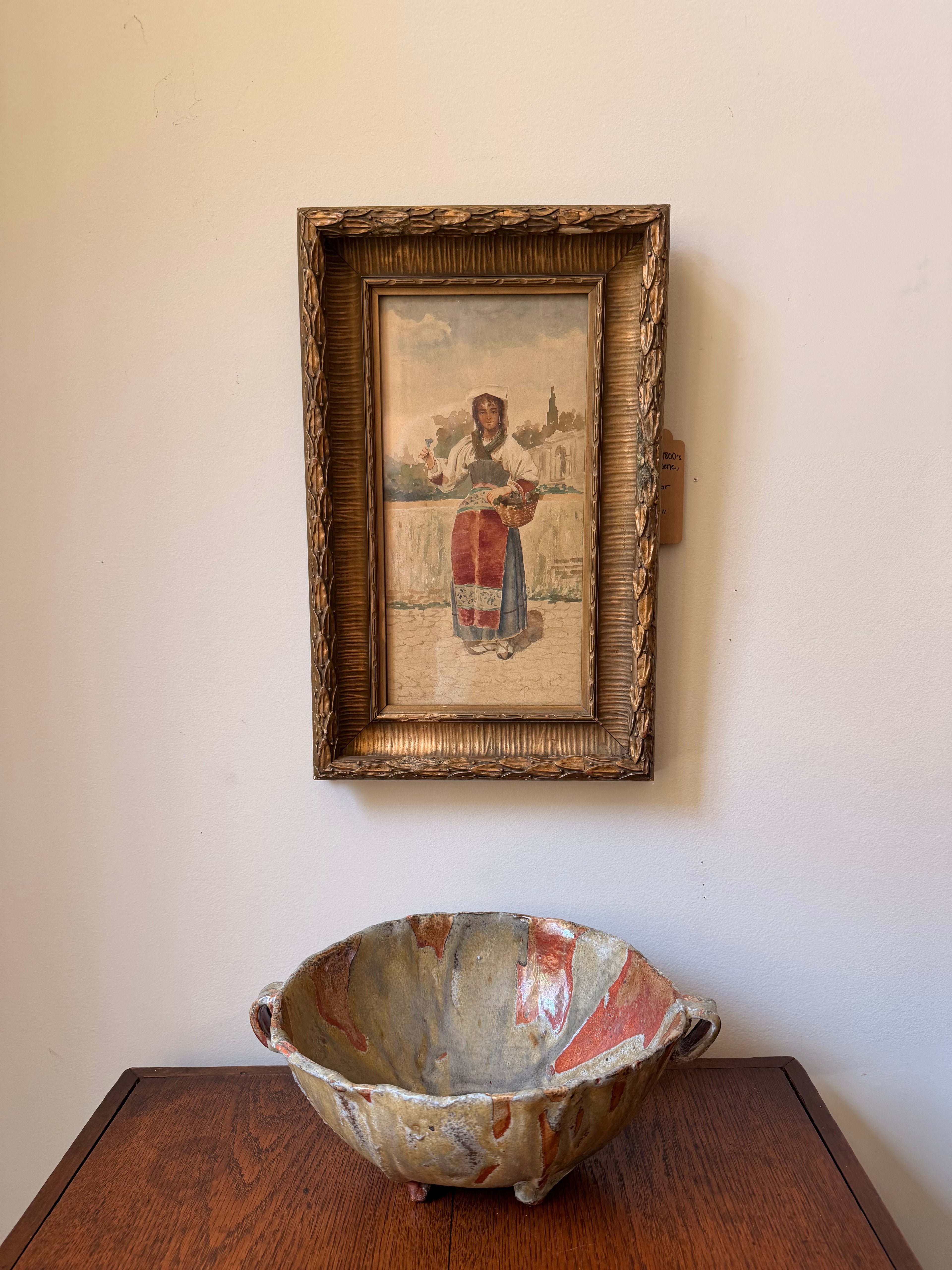 Italian Genre Scene Watercolor in Period Gilt Frame