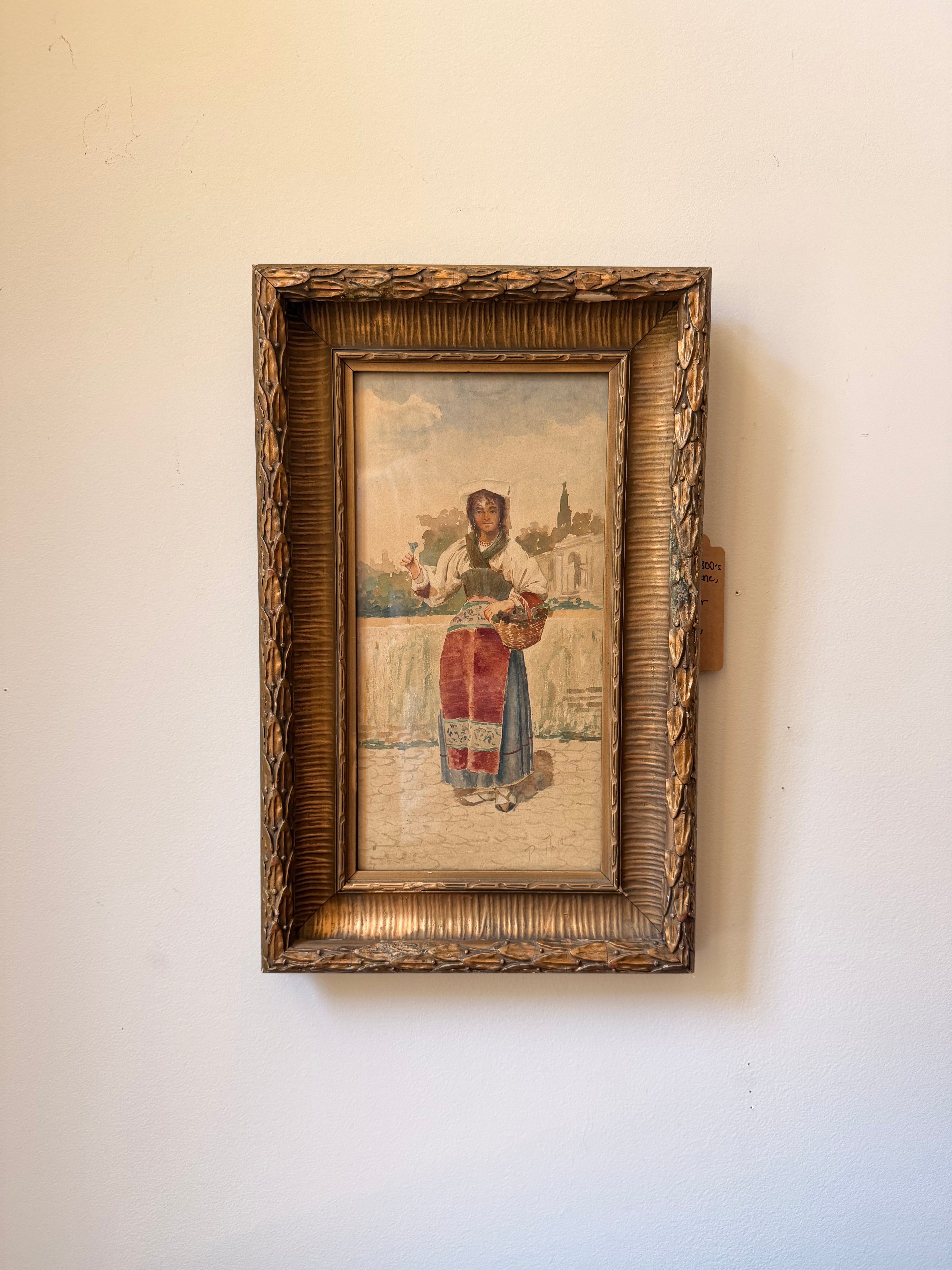 Italian Genre Scene Watercolor in Period Gilt Frame